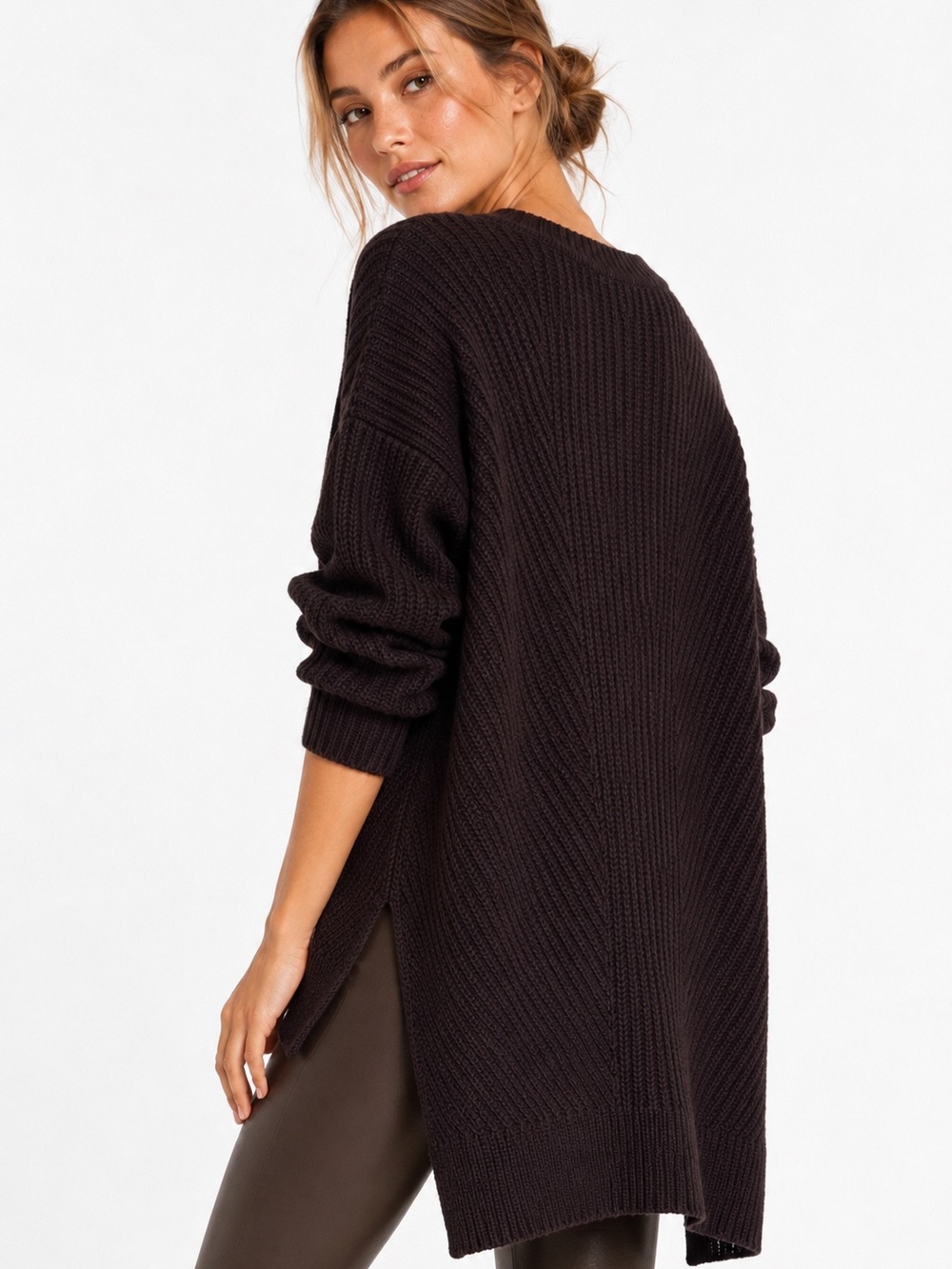 ATHLETA Merino Wool Blend Ribbed Sweater M Dark Chocolate High Low Tunic Cottage